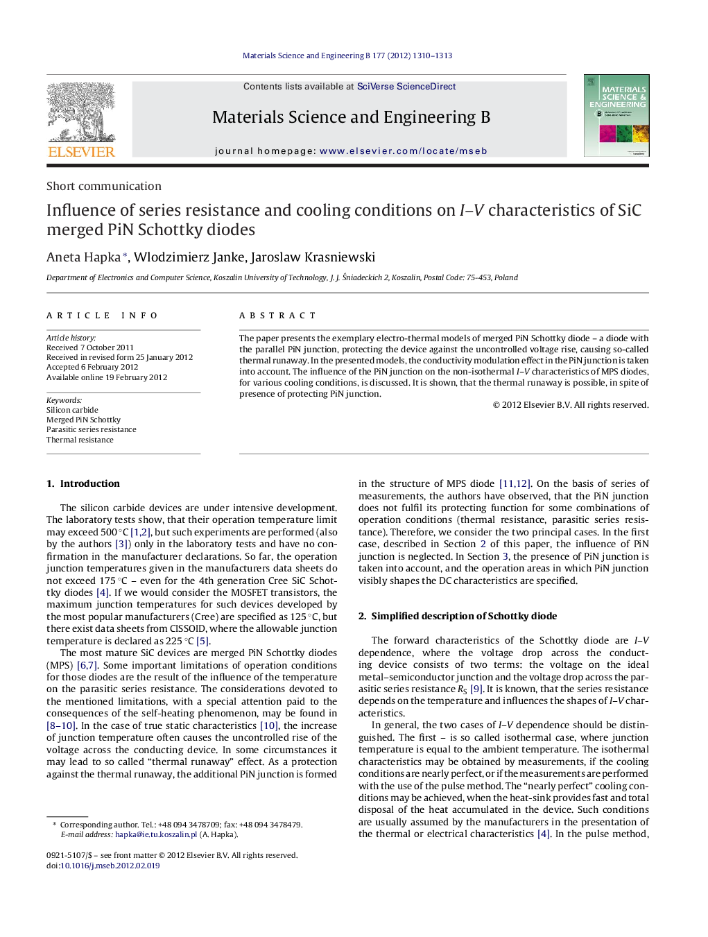 عکس صفحه اول مقاله: Influence of series resistance and cooling conditions on I-V characteristics of SiC merged PiN Schottky diodes Influence of series resistance and cooling conditions on I-V characteristics of SiC merged PiN Schottky diodes