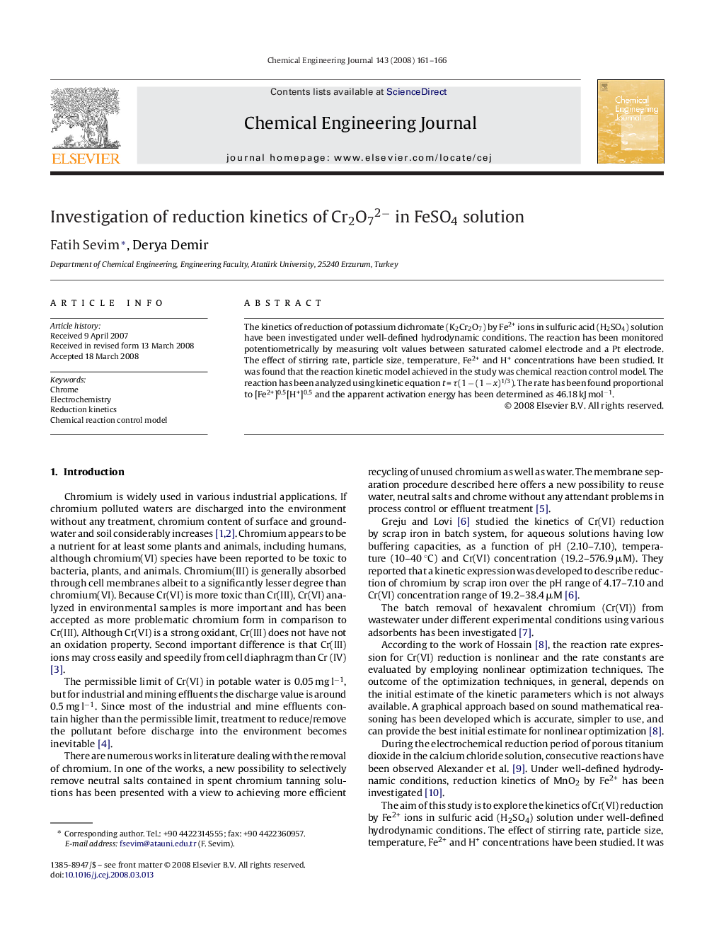 Investigation of reduction kinetics of Cr2O72− in FeSO4 solution