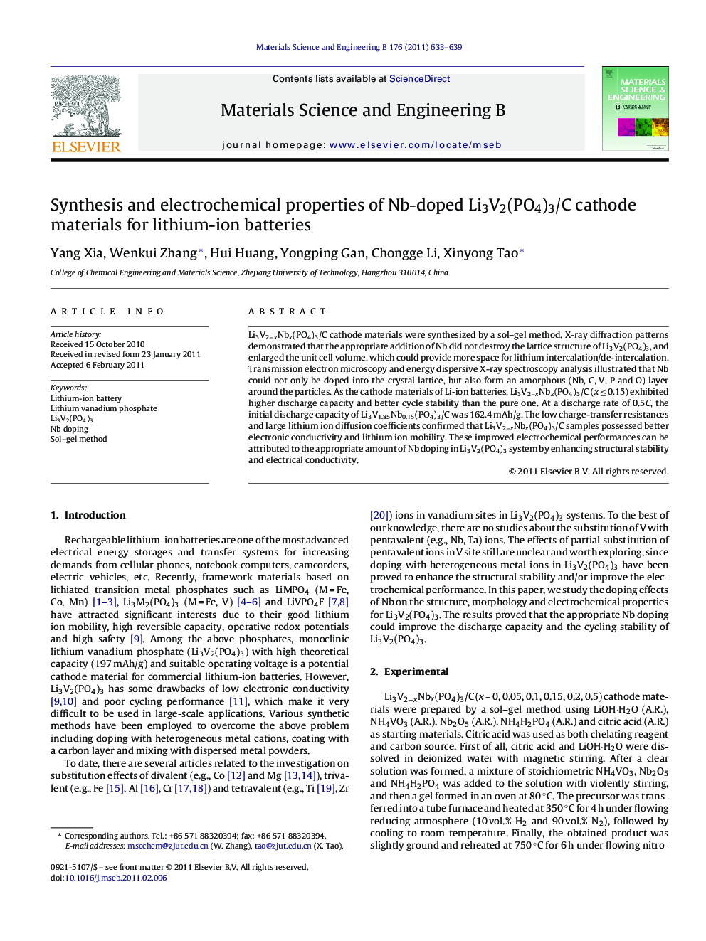 Synthesis and electrochemical properties of Nb-doped Li3V2(PO4)3/C cathode materials for lithium-ion batteries