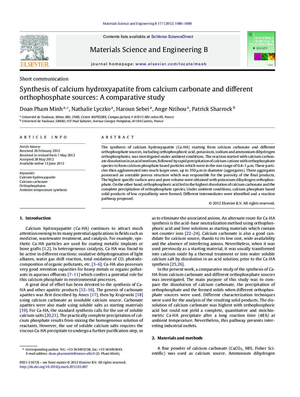 Synthesis of calcium hydroxyapatite from calcium carbonate and different orthophosphate sources: A comparative study