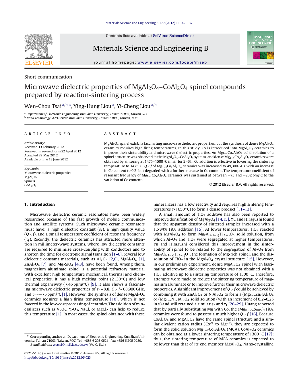 Microwave dielectric properties of MgAl2O4–CoAl2O4 spinel compounds prepared by reaction-sintering process