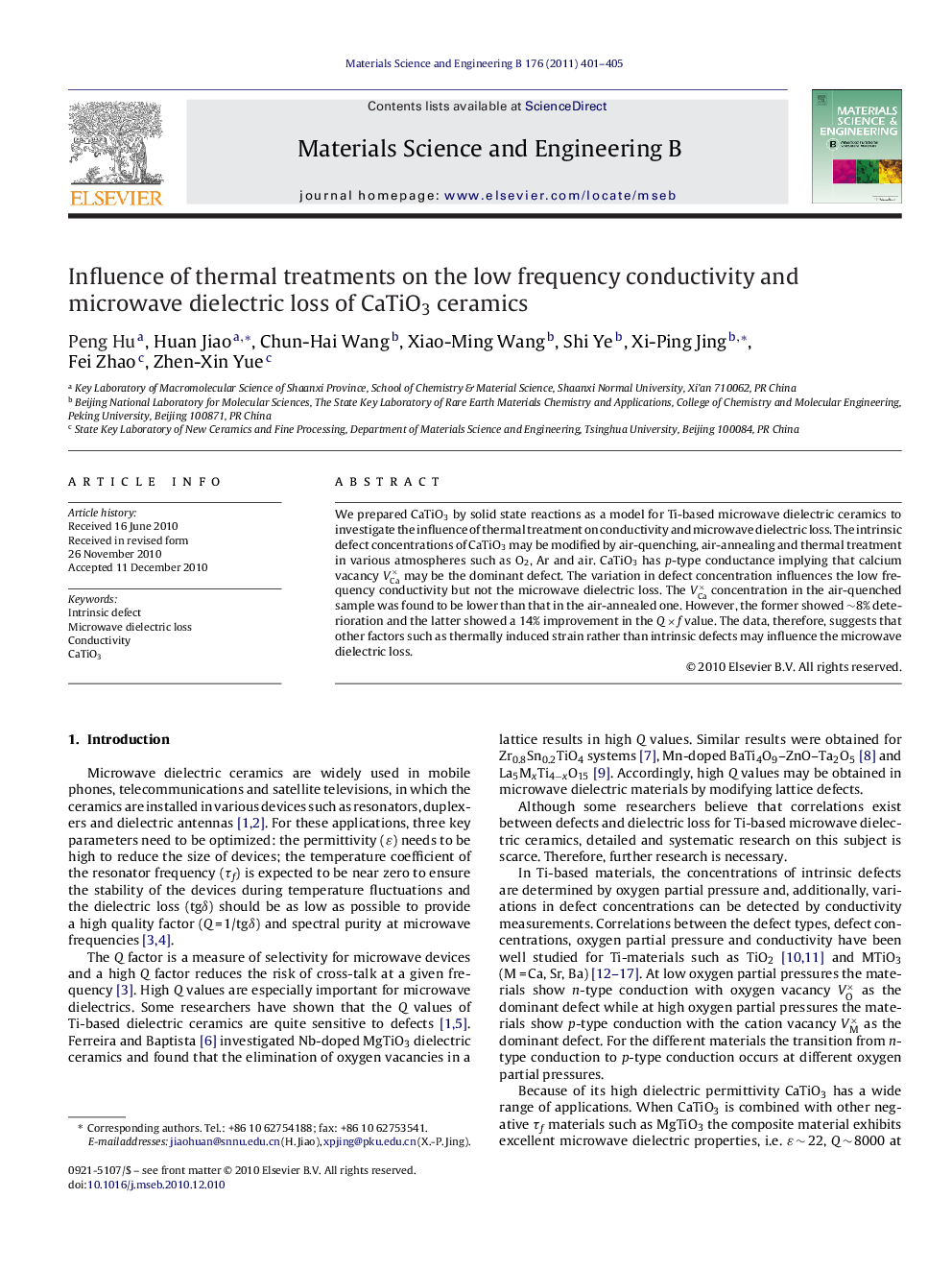 Influence of thermal treatments on the low frequency conductivity and microwave dielectric loss of CaTiO3 ceramics