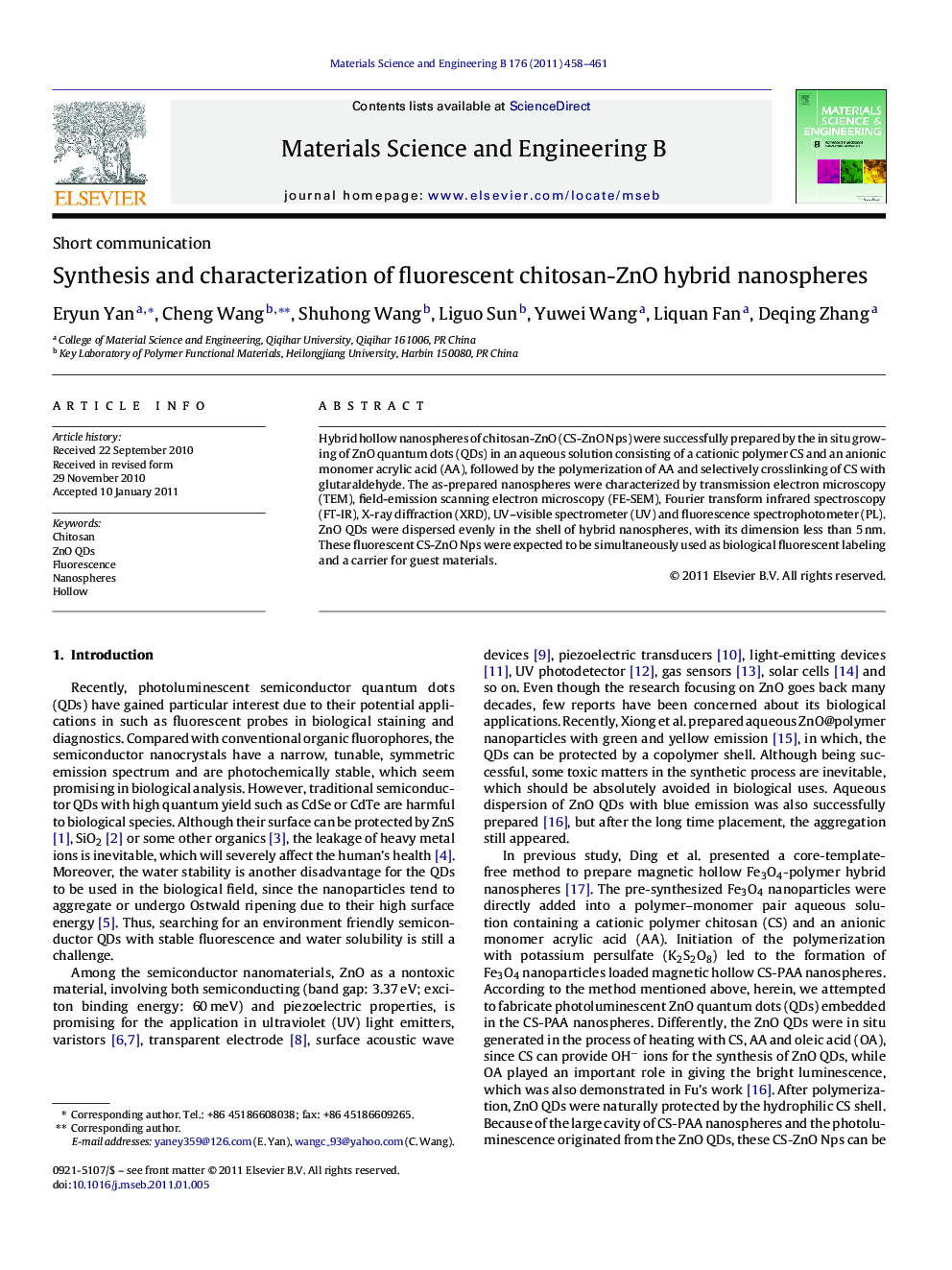 Synthesis and characterization of fluorescent chitosan-ZnO hybrid nanospheres