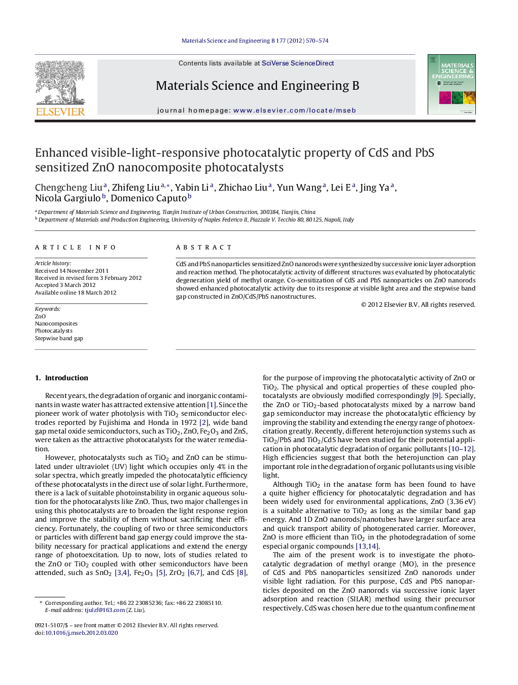 Enhanced visible-light-responsive photocatalytic property of CdS and PbS sensitized ZnO nanocomposite photocatalysts