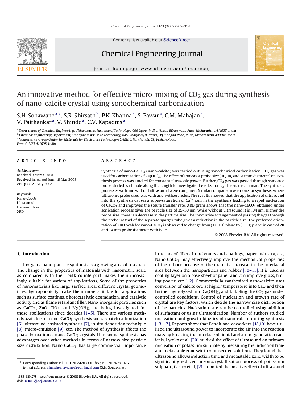 عکس صفحه اول مقاله: An innovative method for effective micro-mixing of CO2 gas during synthesis of nano-calcite crystal using sonochemical carbonization An innovative method for effective micro-mixing of CO2 gas during synthesis of nano-calcite crystal using sonochemical carbonization