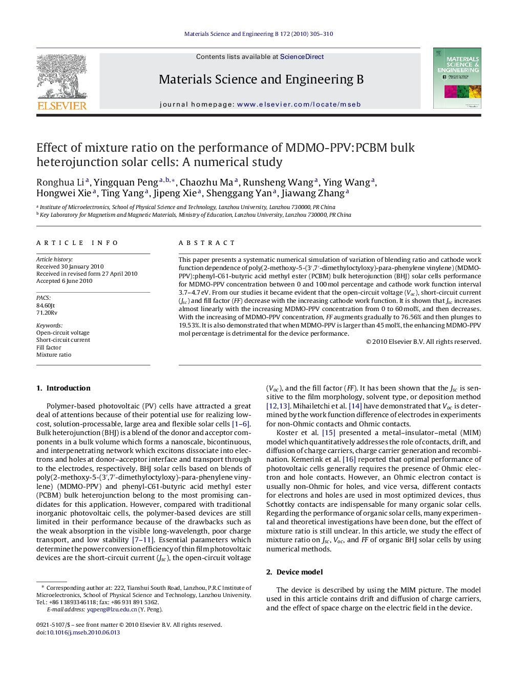 Effect of mixture ratio on the performance of MDMO-PPV:PCBM bulk heterojunction solar cells: A numerical study