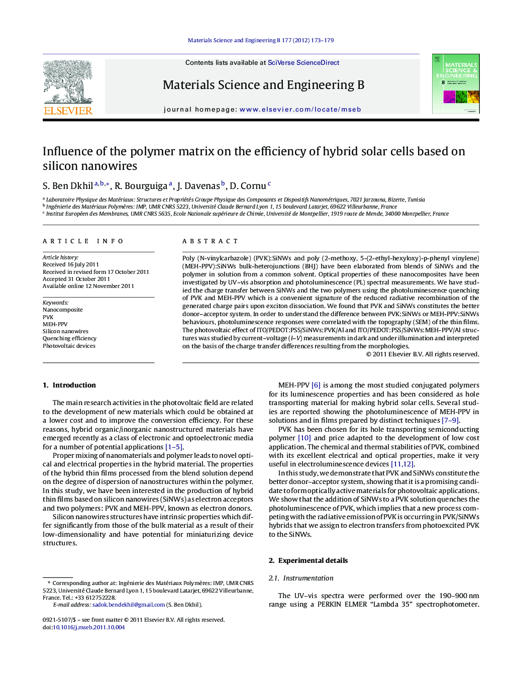 Influence of the polymer matrix on the efficiency of hybrid solar cells based on silicon nanowires