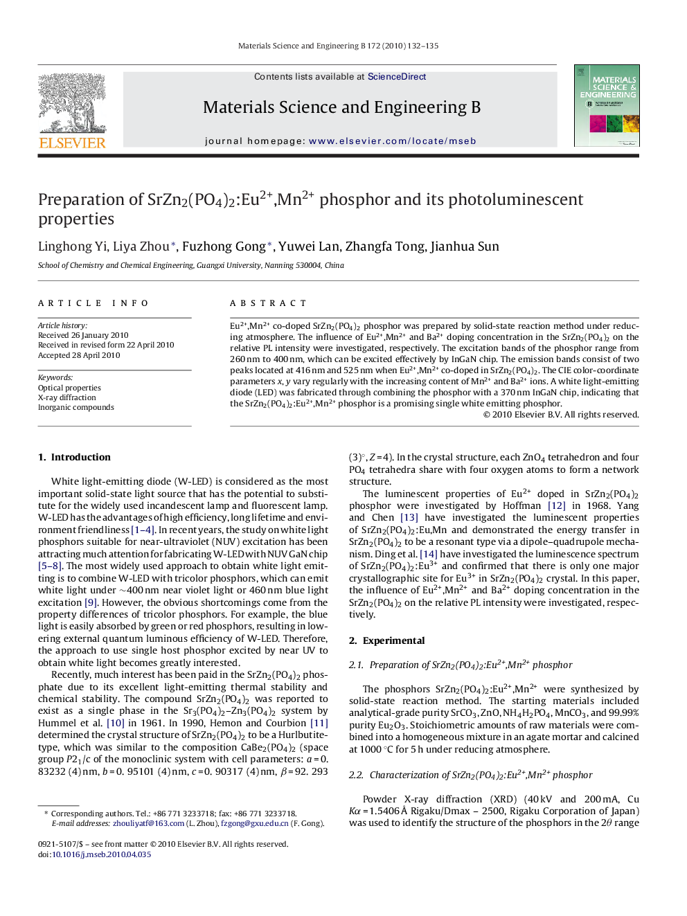 Preparation of SrZn2(PO4)2:Eu2+,Mn2+ phosphor and its photoluminescent properties