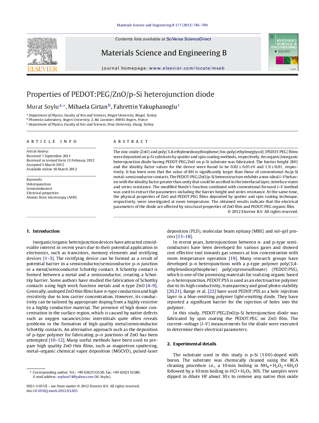 Properties of PEDOT:PEG/ZnO/p-Si heterojunction diode