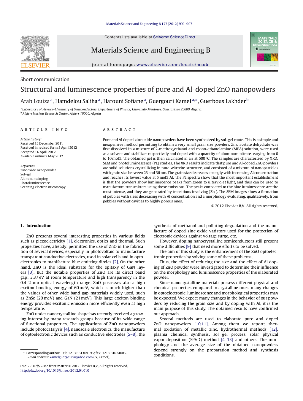 عکس صفحه اول مقاله: Structural and luminescence properties of pure and Al-doped ZnO nanopowders Structural and luminescence properties of pure and Al-doped ZnO nanopowders