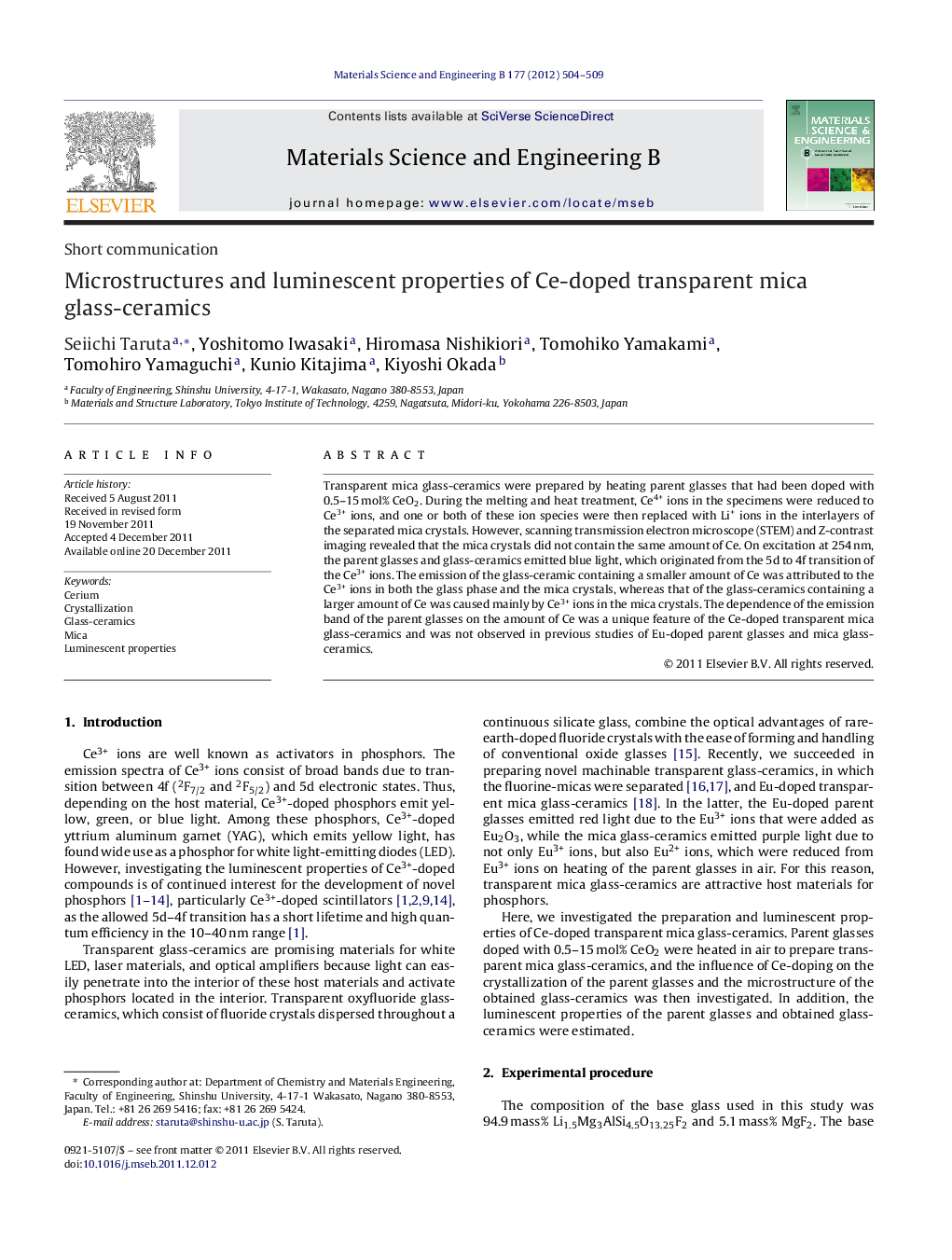 عکس صفحه اول مقاله: Microstructures and luminescent properties of Ce-doped transparent mica glass-ceramics Microstructures and luminescent properties of Ce-doped transparent mica glass-ceramics