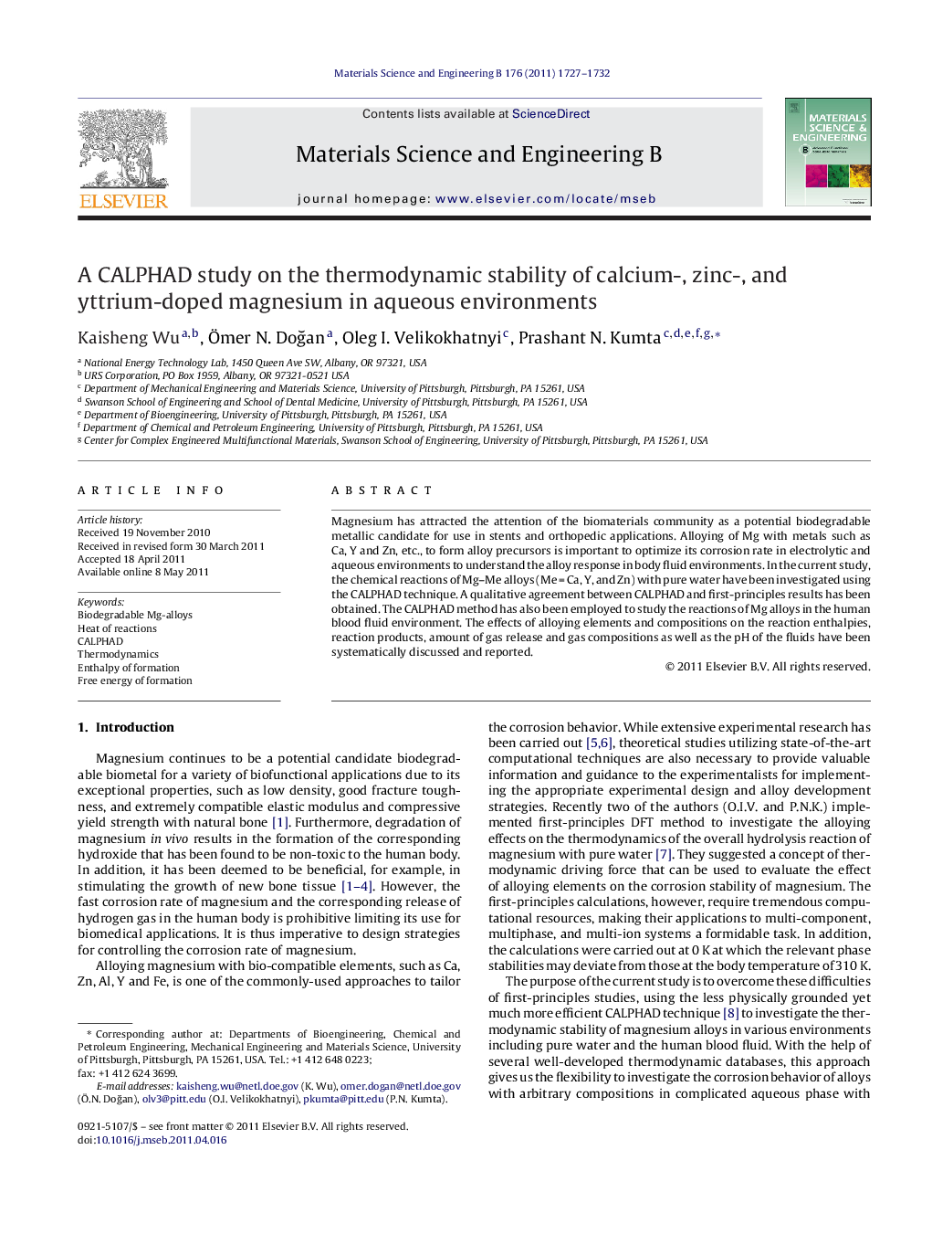 A CALPHAD study on the thermodynamic stability of calcium-, zinc-, and yttrium-doped magnesium in aqueous environments