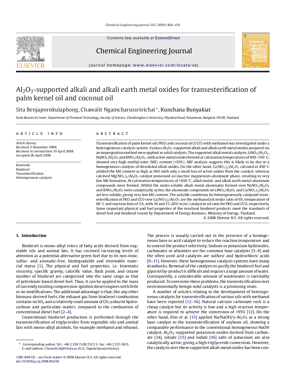 Al2O3-supported alkali and alkali earth metal oxides for transesterification of palm kernel oil and coconut oil