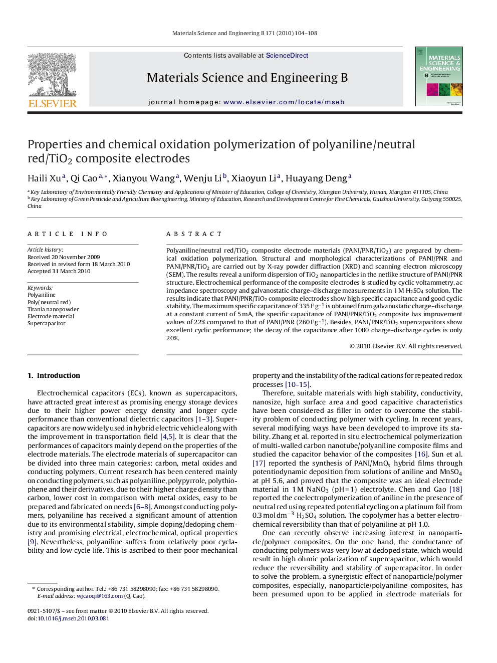 Properties and chemical oxidation polymerization of polyaniline/neutral red/TiO2 composite electrodes