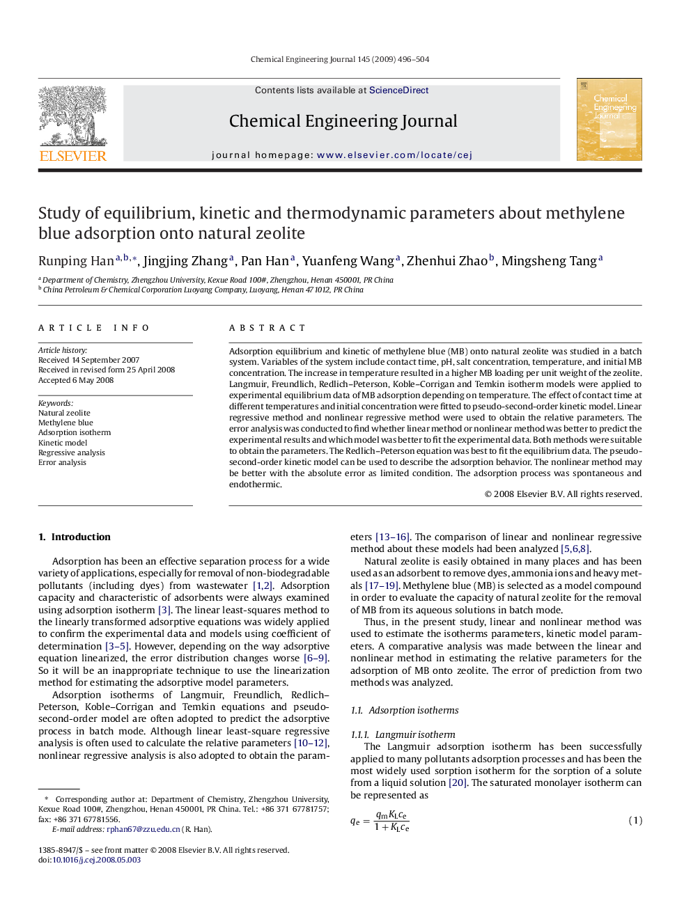 Study of equilibrium, kinetic and thermodynamic parameters about methylene blue adsorption onto natural zeolite