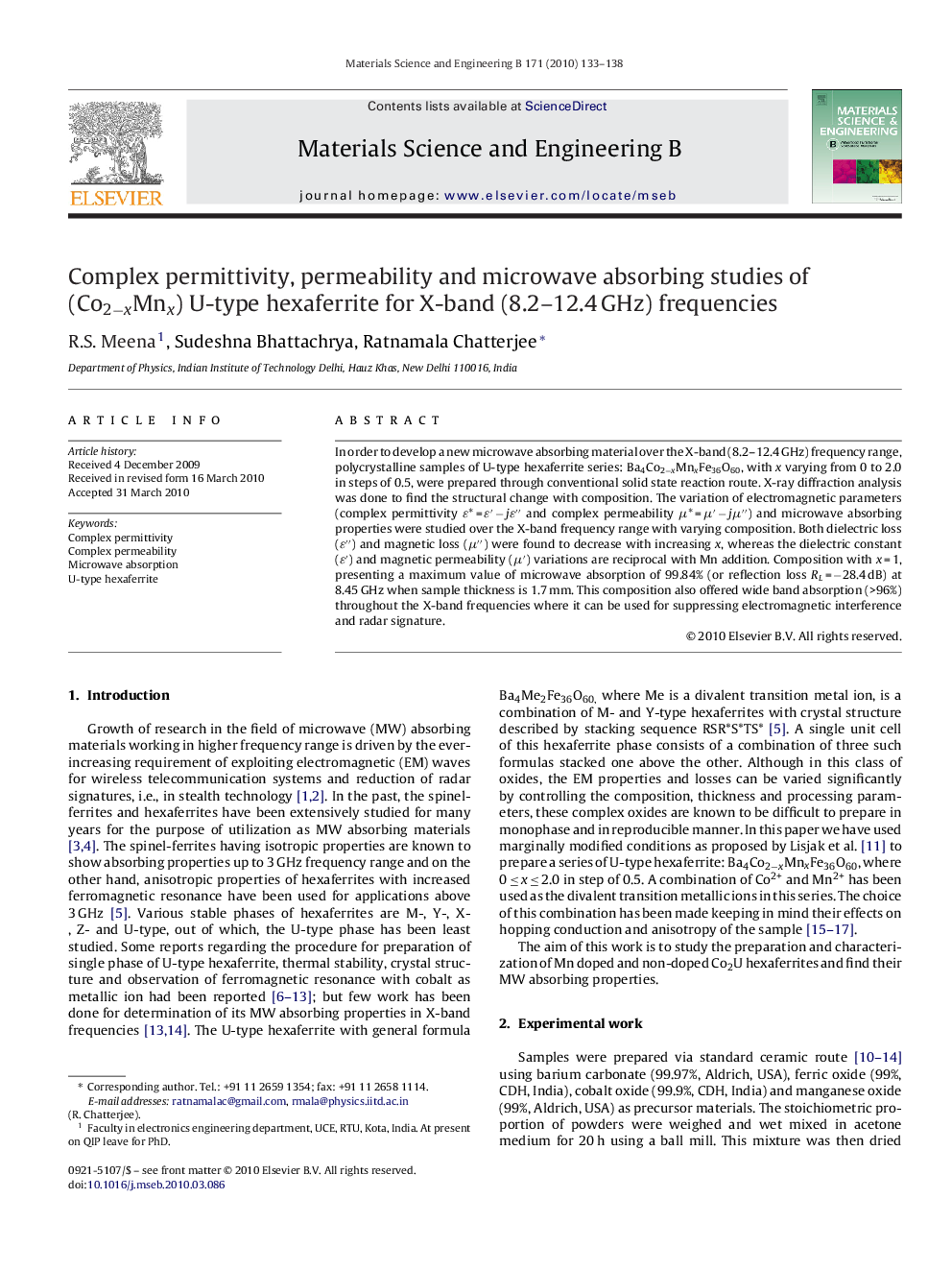 Complex permittivity, permeability and microwave absorbing studies of (Co2−xMnx) U-type hexaferrite for X-band (8.2–12.4 GHz) frequencies