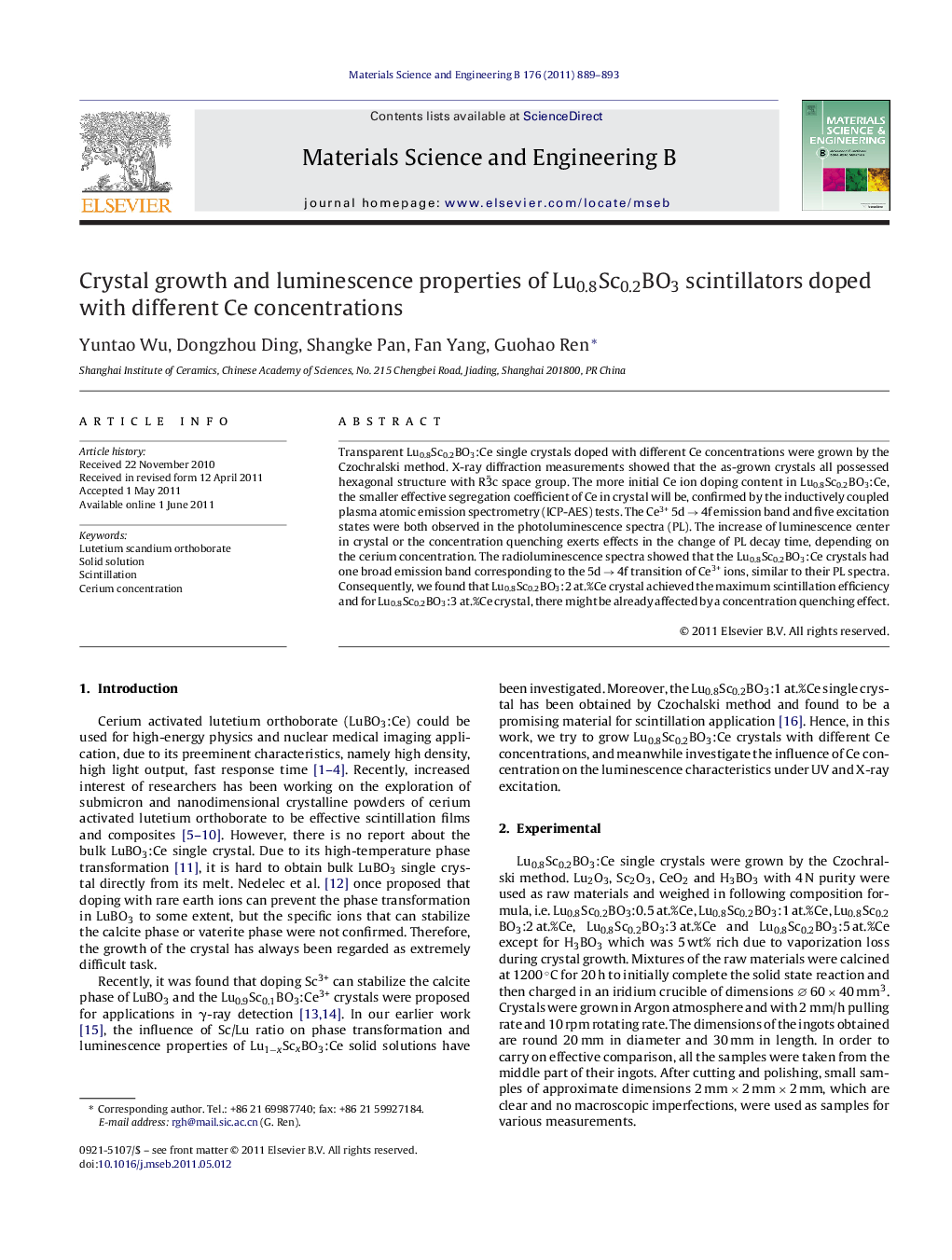 Crystal growth and luminescence properties of Lu0.8Sc0.2BO3 scintillators doped with different Ce concentrations