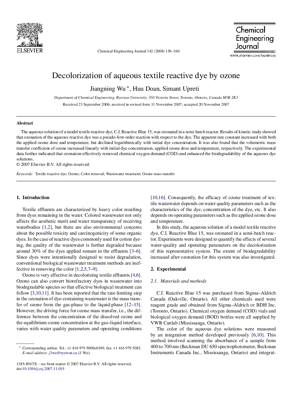 Decolorization of aqueous textile reactive dye by ozone