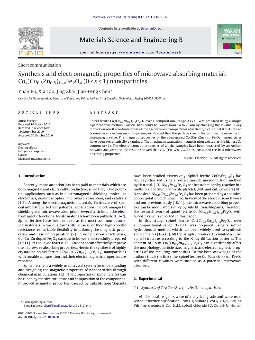 Synthesis and electromagnetic properties of microwave absorbing material: Cox(Cu0.5Zn0.5)1−xFe2O4 (0 < x < 1) nanoparticles