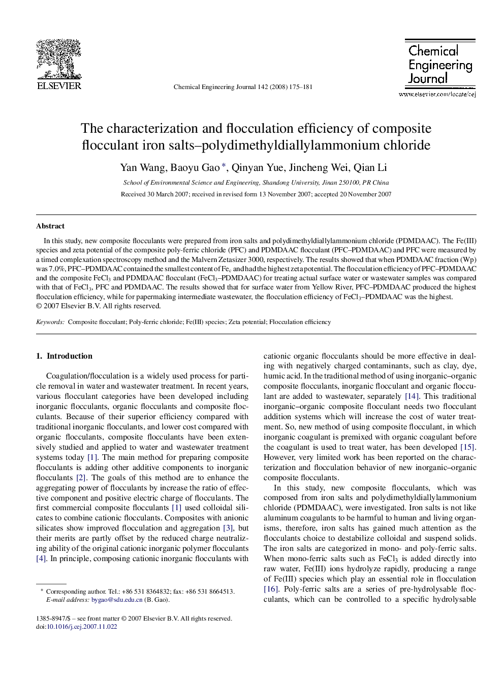 The characterization and flocculation efficiency of composite flocculant iron salts–polydimethyldiallylammonium chloride