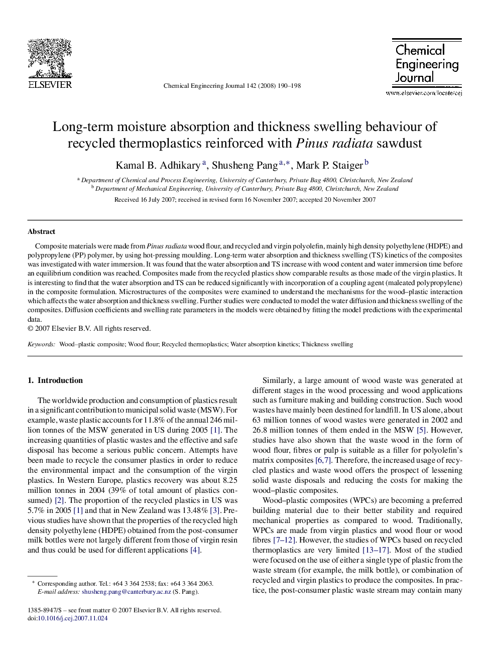 Long-term moisture absorption and thickness swelling behaviour of recycled thermoplastics reinforced with Pinus radiata sawdust