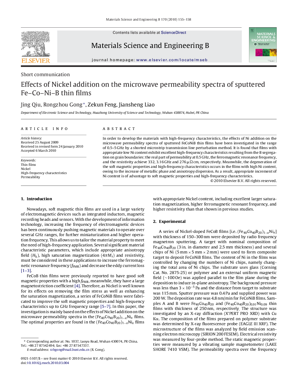 Effects of Nickel addition on the microwave permeability spectra of sputtered Fe–Co–Ni–B thin films