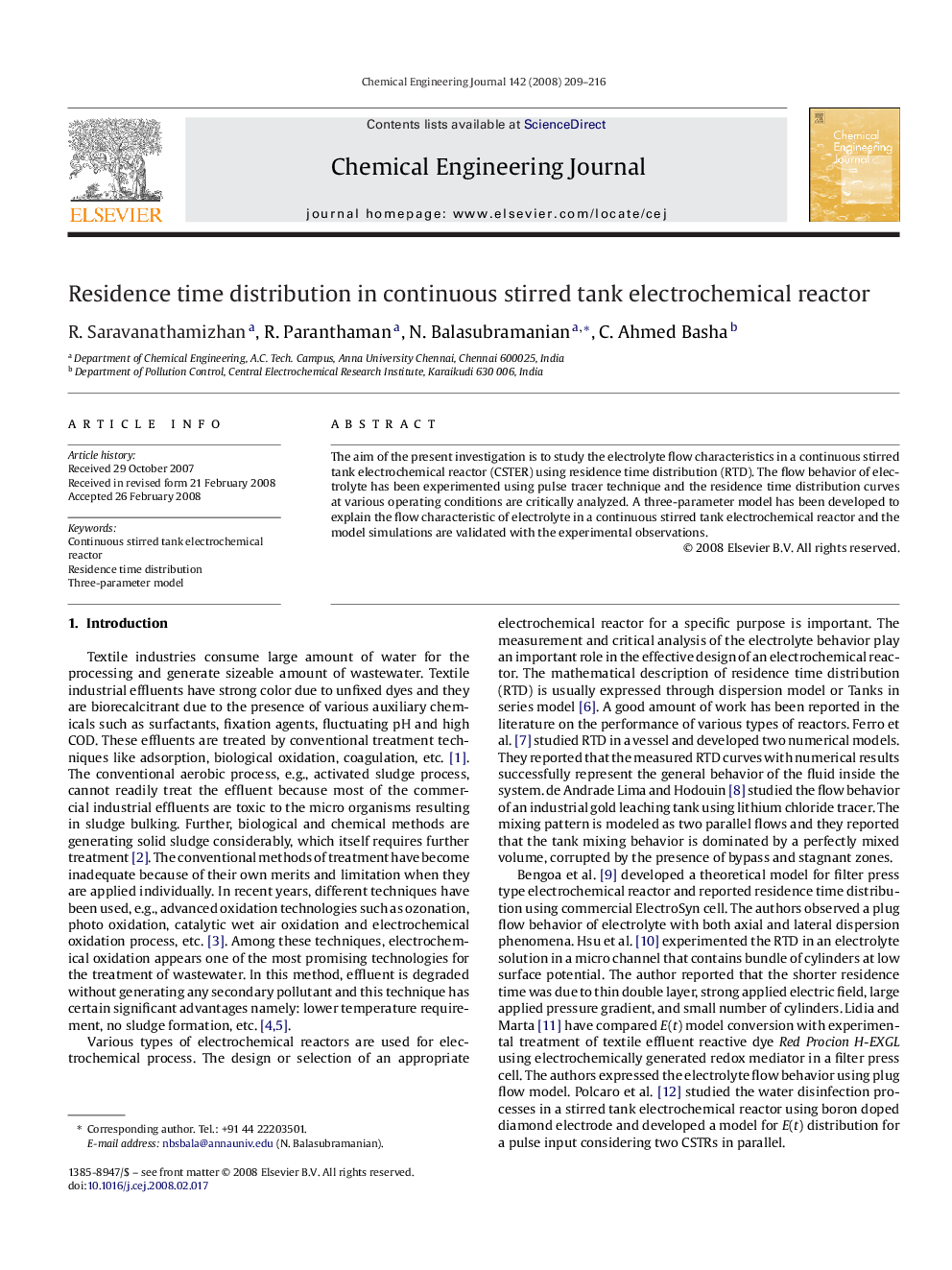 Residence time distribution in continuous stirred tank electrochemical reactor