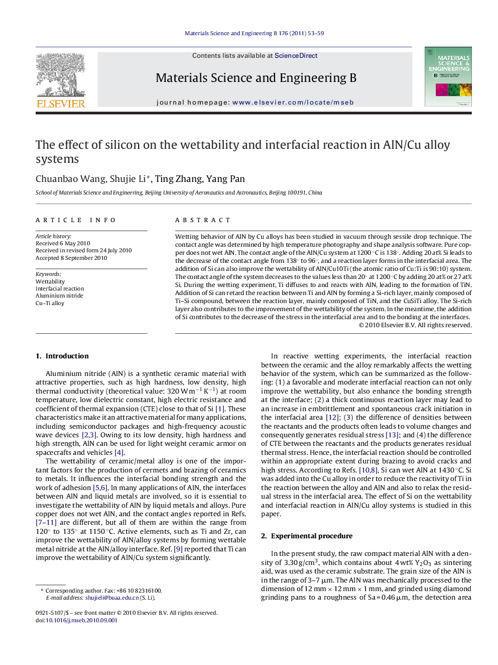 The effect of silicon on the wettability and interfacial reaction in AlN/Cu alloy systems