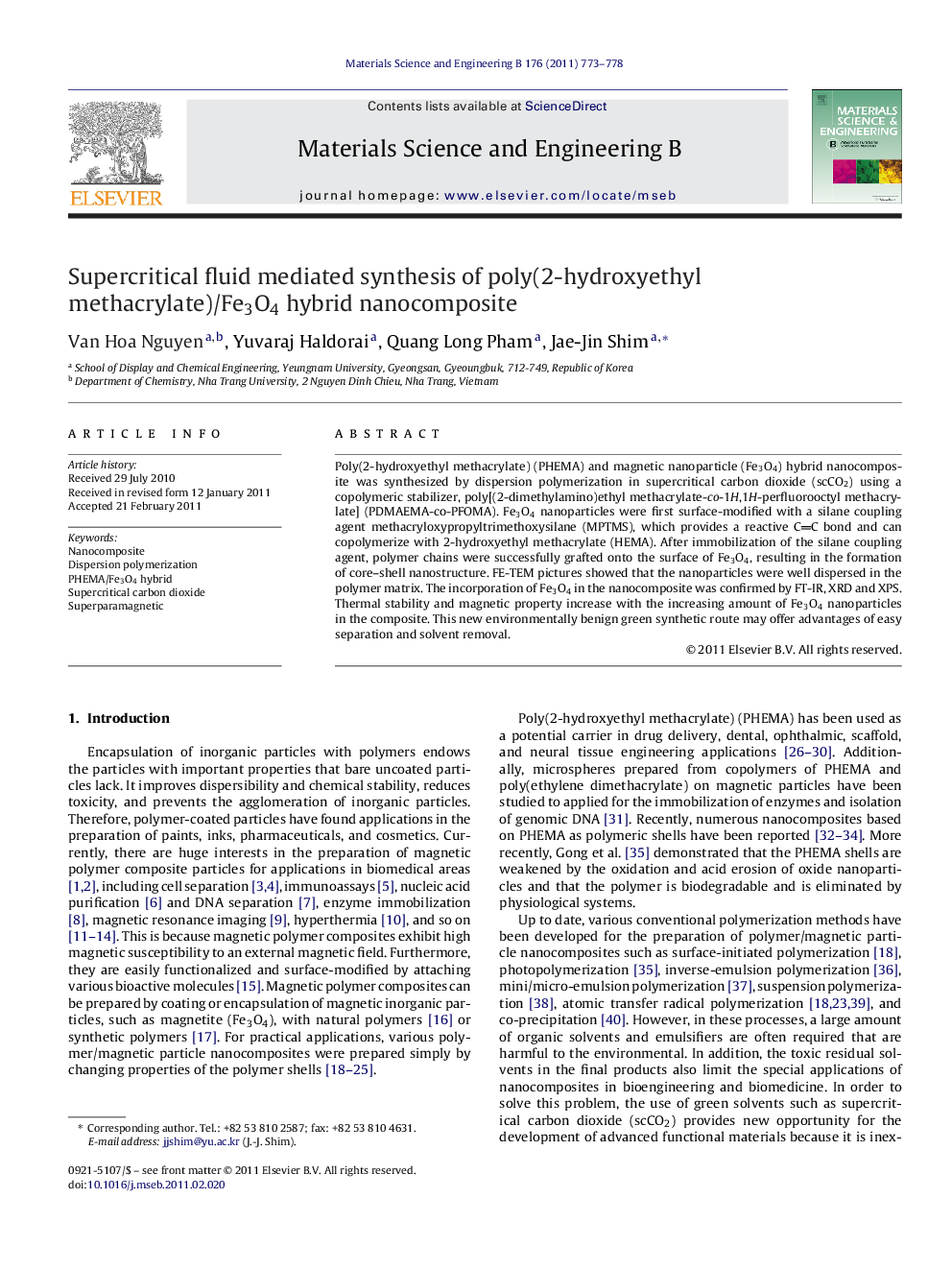 Supercritical fluid mediated synthesis of poly(2-hydroxyethyl methacrylate)/Fe3O4 hybrid nanocomposite