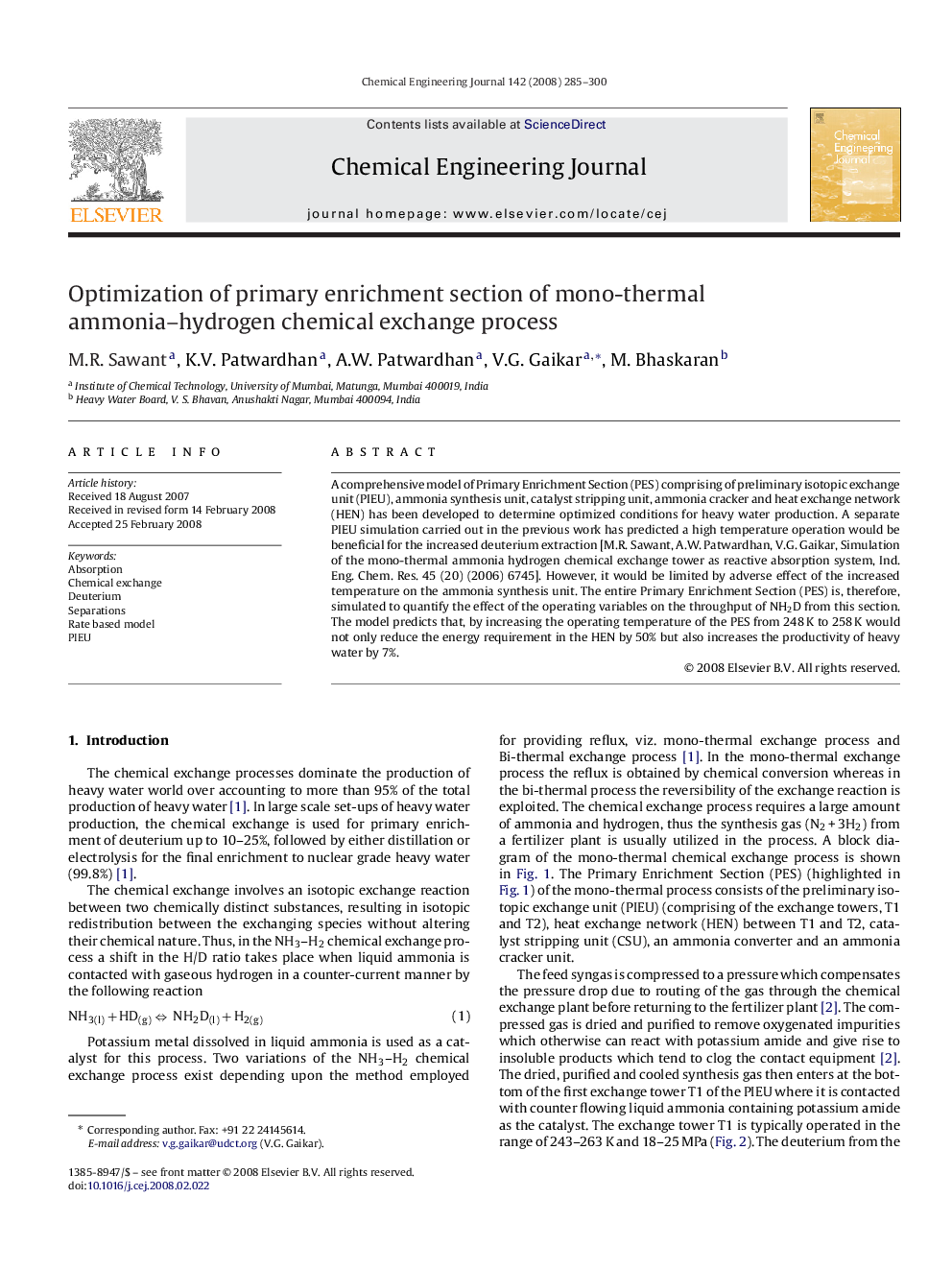 عکس صفحه اول مقاله: Optimization of primary enrichment section of mono-thermal ammonia–hydrogen chemical exchange process Optimization of primary enrichment section of mono-thermal ammonia–hydrogen chemical exchange process