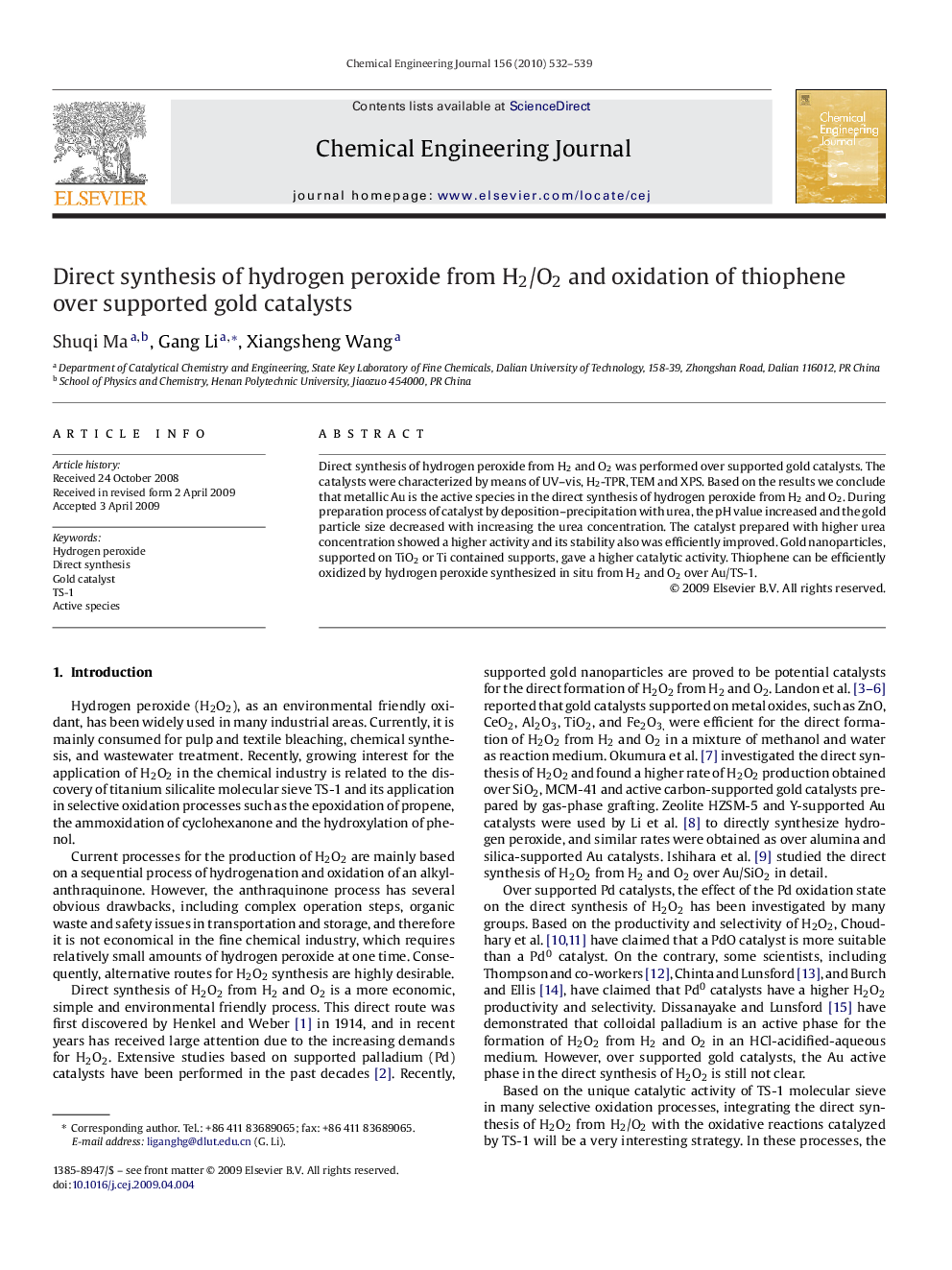 Direct synthesis of hydrogen peroxide from H2/O2 and oxidation of thiophene over supported gold catalysts