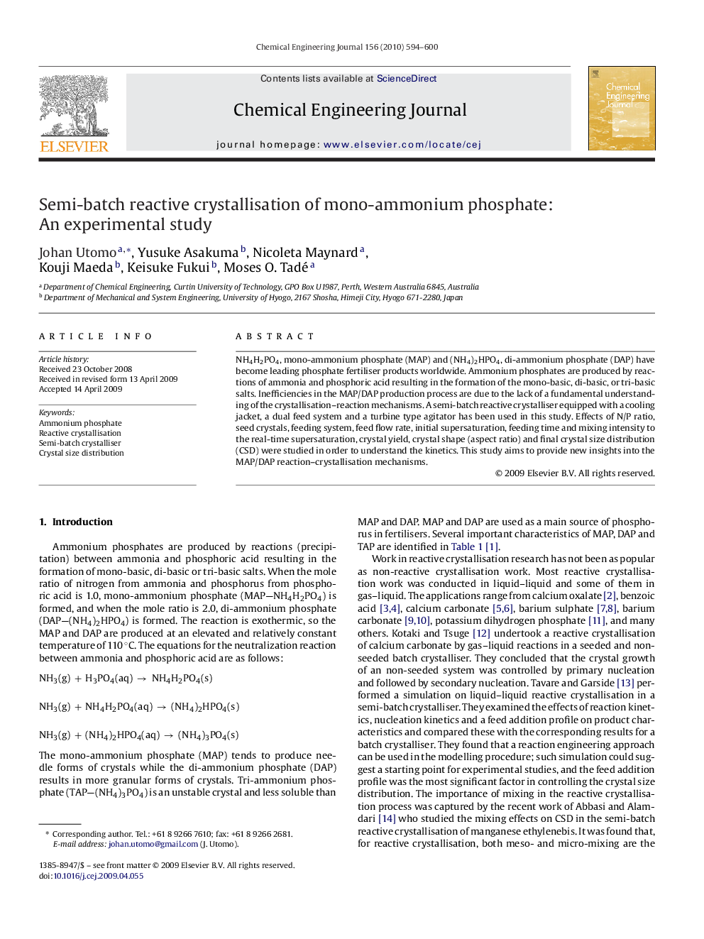 Semi-batch reactive crystallisation of mono-ammonium phosphate: An experimental study