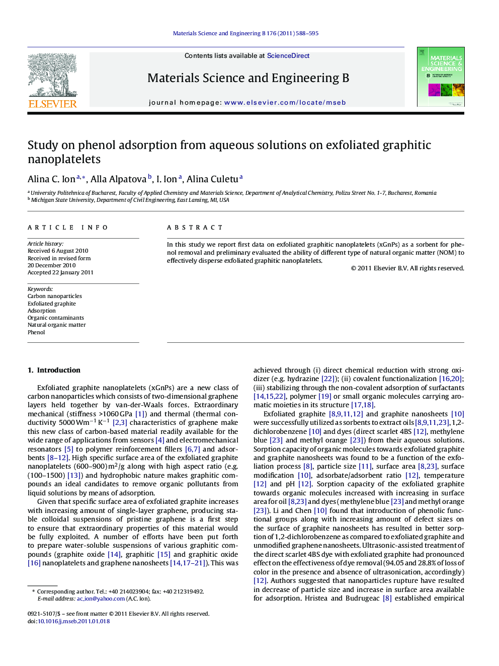 Study on phenol adsorption from aqueous solutions on exfoliated graphitic nanoplatelets