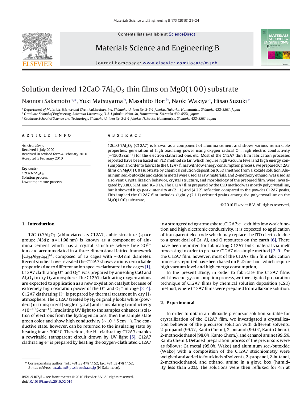 Solution derived 12CaOÂ·7Al2O3 thin films on MgO(1Â 0Â 0) substrate