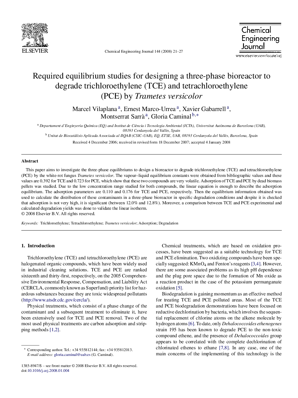 Required equilibrium studies for designing a three-phase bioreactor to degrade trichloroethylene (TCE) and tetrachloroethylene (PCE) by Trametes versicolor