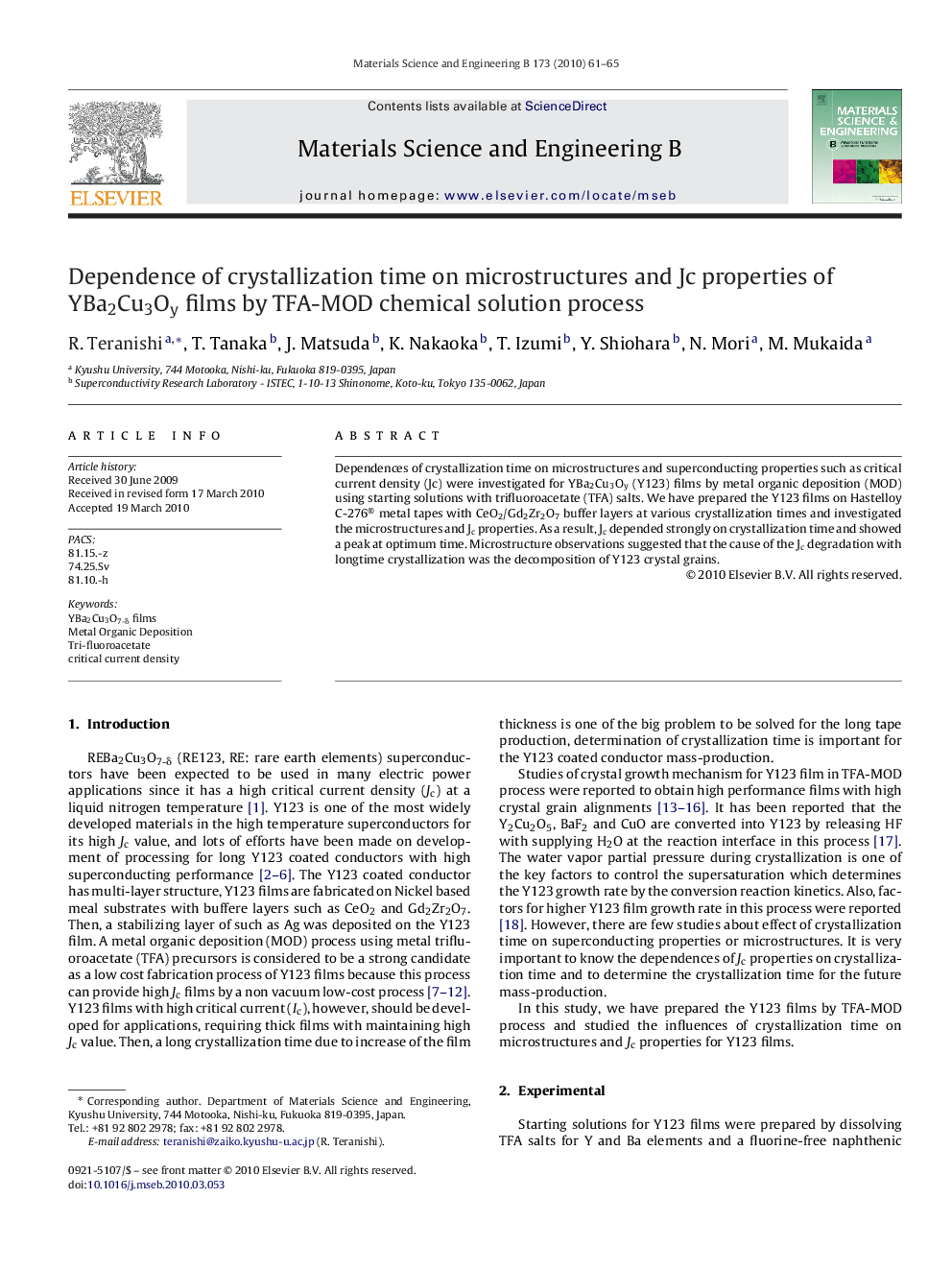 Dependence of crystallization time on microstructures and Jc properties of YBa2Cu3Oy films by TFA-MOD chemical solution process