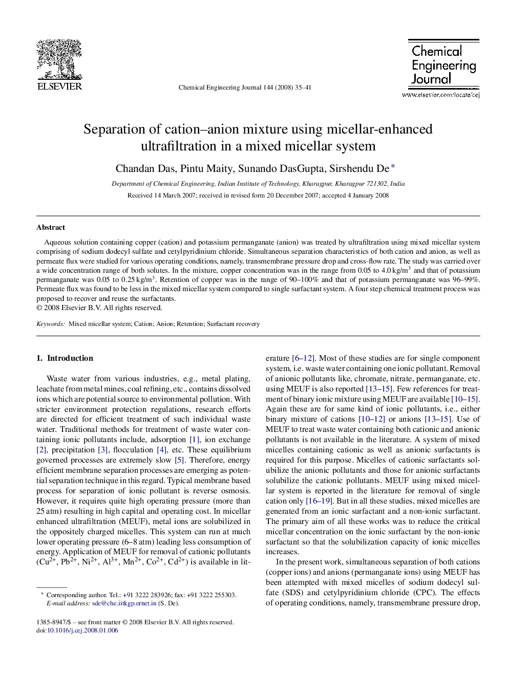 Separation of cation–anion mixture using micellar-enhanced ultrafiltration in a mixed micellar system