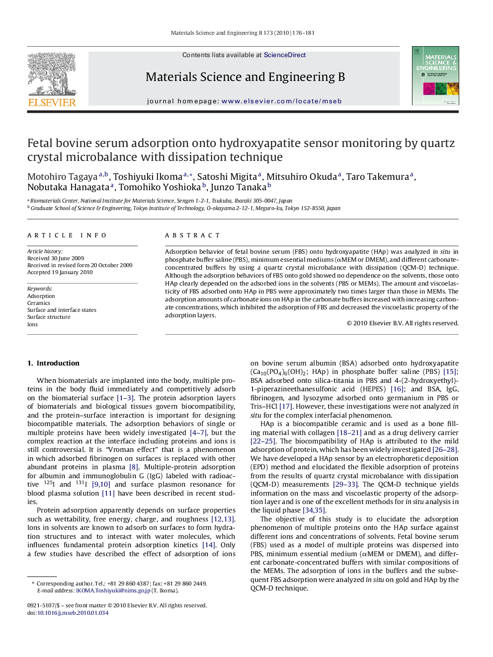 Fetal bovine serum adsorption onto hydroxyapatite sensor monitoring by quartz crystal microbalance with dissipation technique