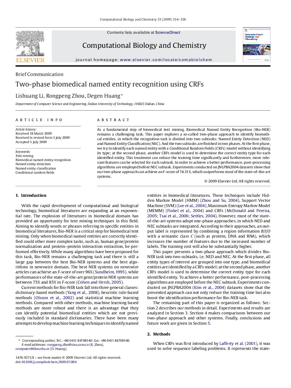 Two-phase biomedical named entity recognition using CRFs