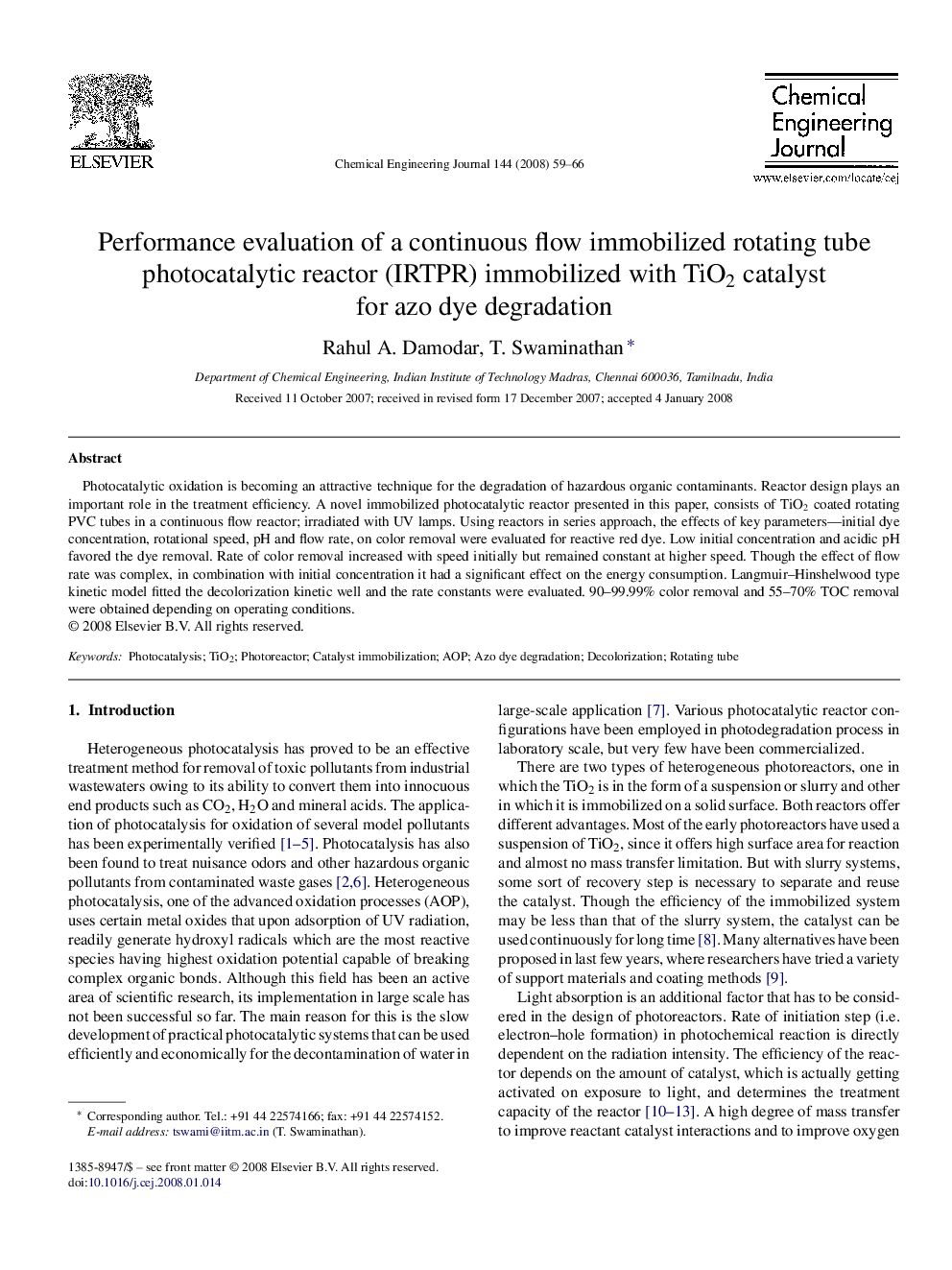 Performance evaluation of a continuous flow immobilized rotating tube photocatalytic reactor (IRTPR) immobilized with TiO2 catalyst for azo dye degradation