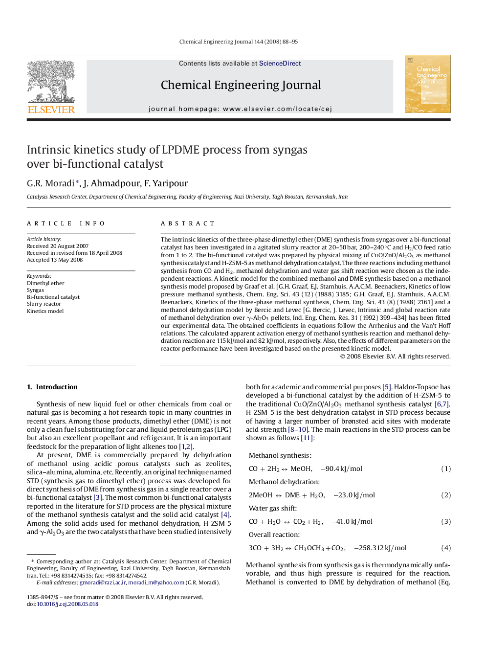 Intrinsic kinetics study of LPDME process from syngas over bi-functional catalyst