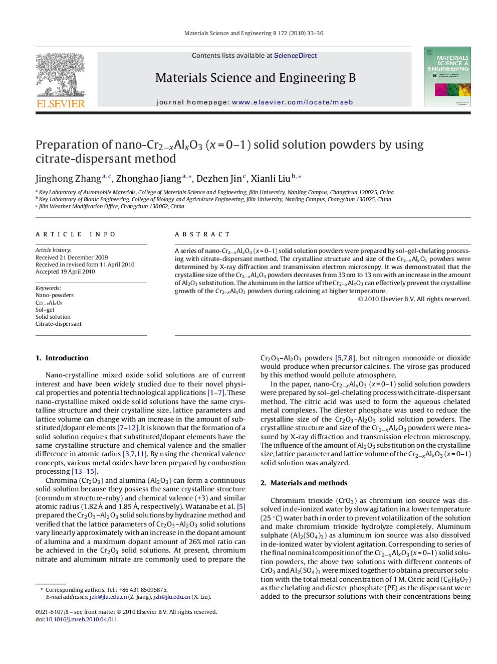 Preparation of nano-Cr2−xAlxO3 (x = 0–1) solid solution powders by using citrate-dispersant method