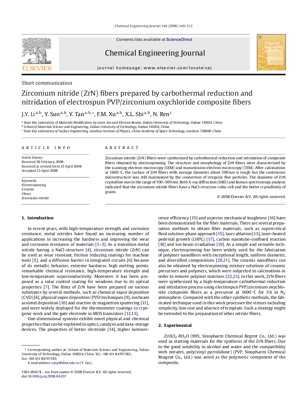 Zirconium nitride (ZrN) fibers prepared by carbothermal reduction and nitridation of electrospun PVP/zirconium oxychloride composite fibers