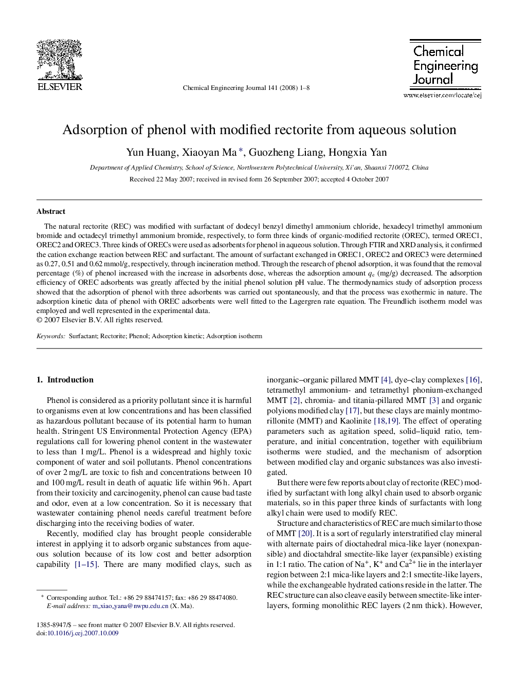 Adsorption of phenol with modified rectorite from aqueous solution