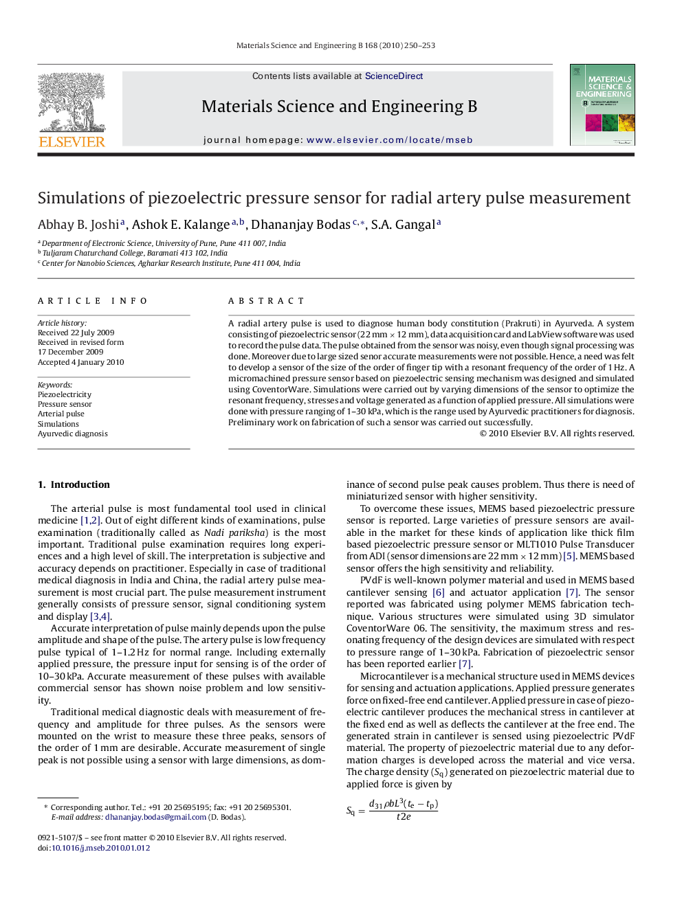 Simulations of piezoelectric pressure sensor for radial artery pulse measurement