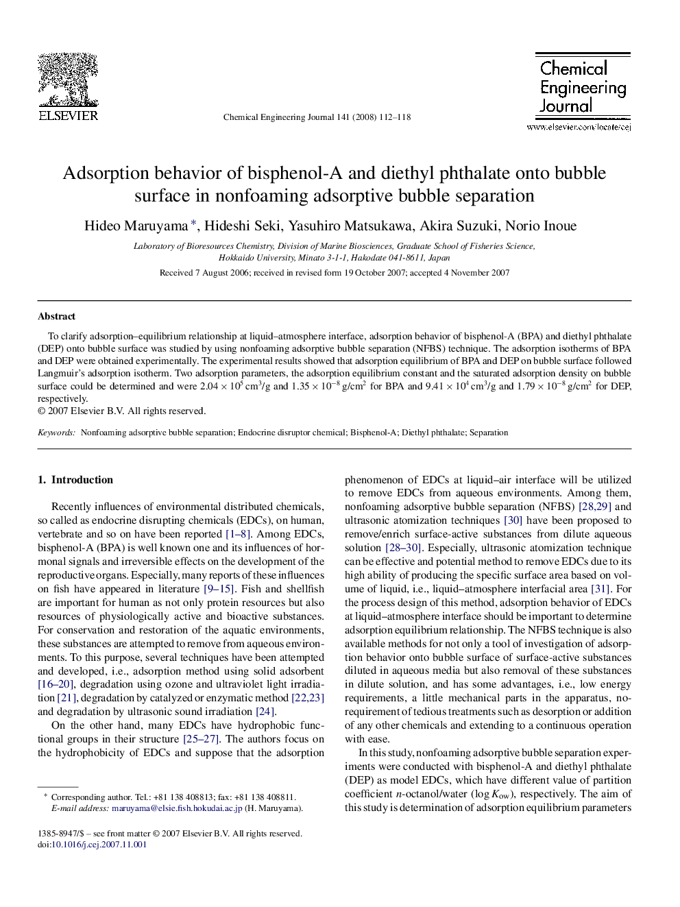 Adsorption behavior of bisphenol-A and diethyl phthalate onto bubble surface in nonfoaming adsorptive bubble separation