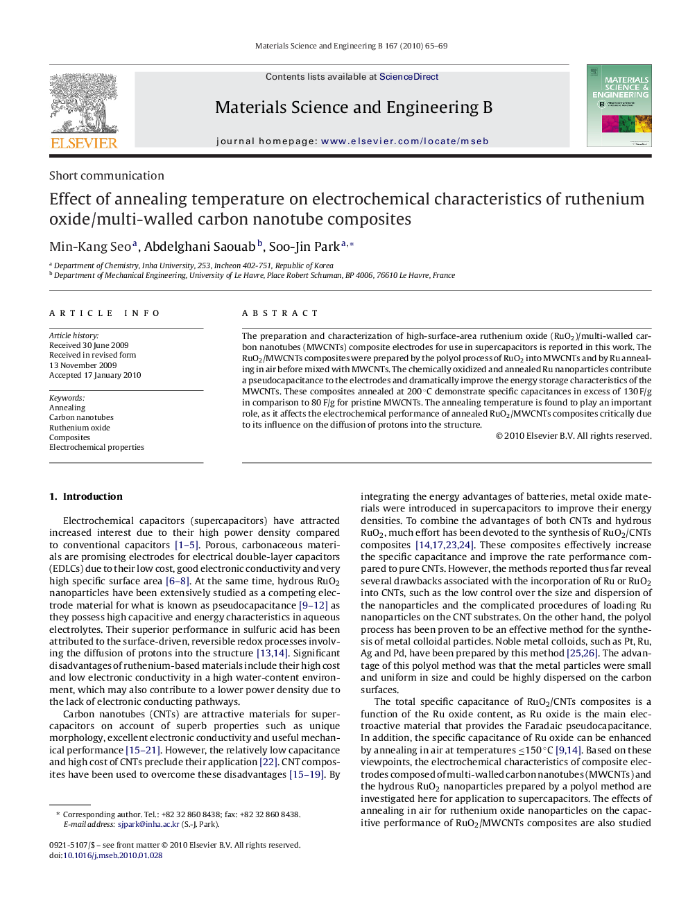 Effect of annealing temperature on electrochemical characteristics of ruthenium oxide/multi-walled carbon nanotube composites