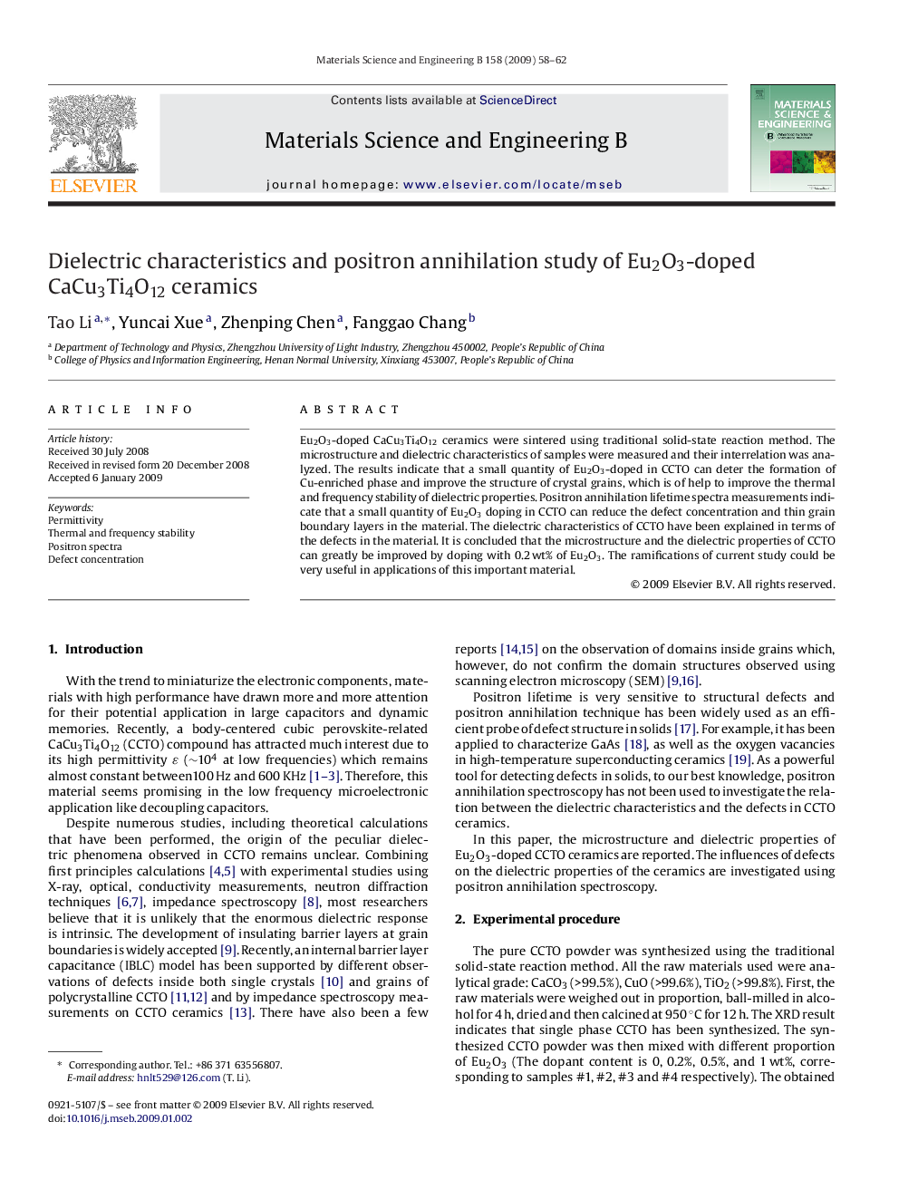 Dielectric characteristics and positron annihilation study of Eu2O3-doped CaCu3Ti4O12 ceramics