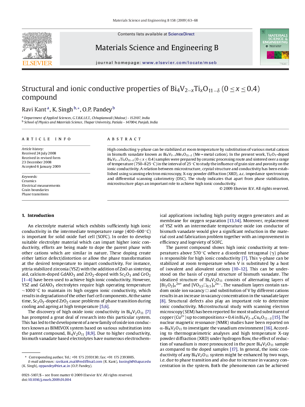 Structural and ionic conductive properties of Bi4V2âxTixO11âÎ´ (0Â â¤Â xÂ â¤Â 0.4) compound