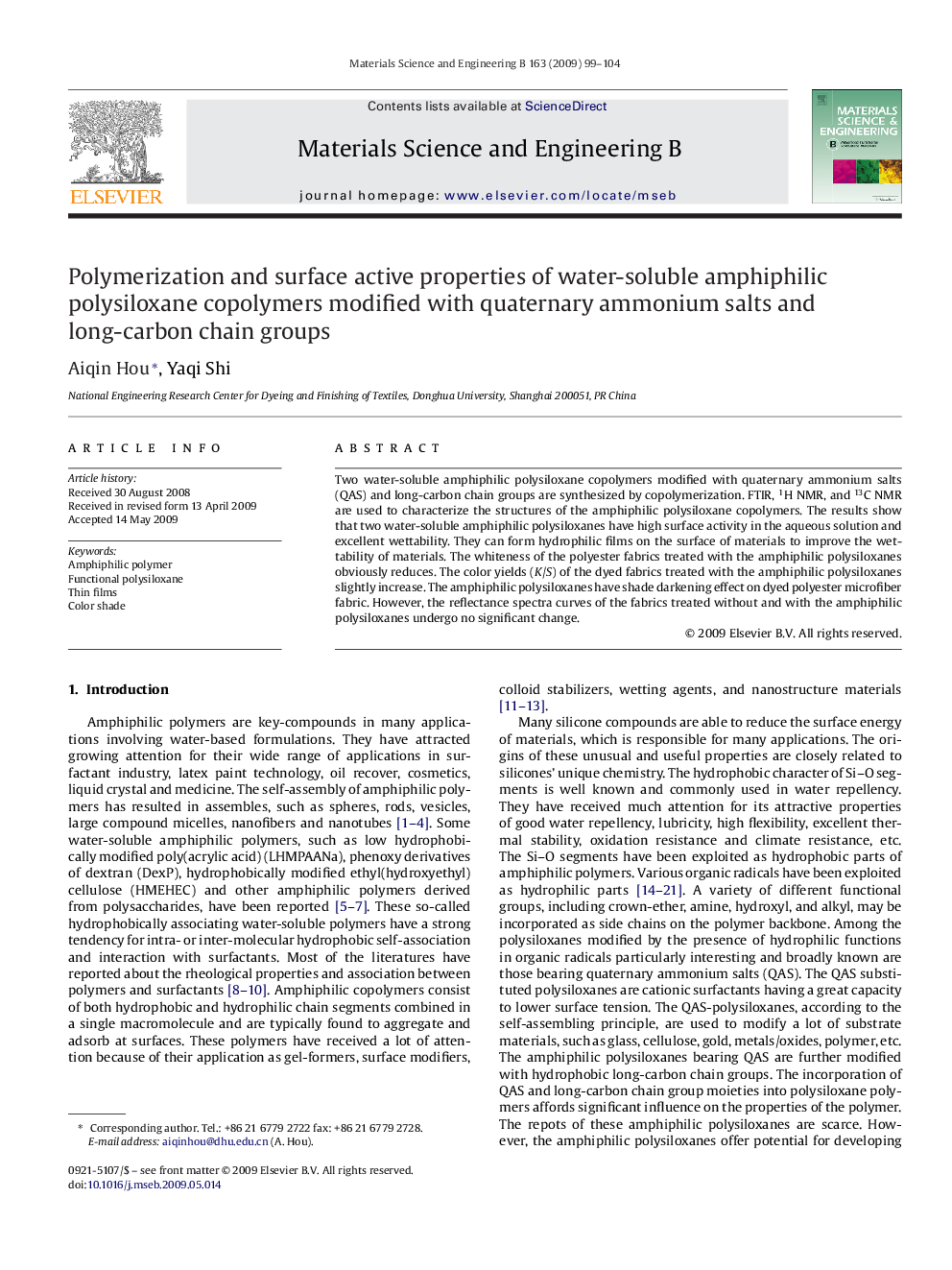 Polymerization and surface active properties of water-soluble amphiphilic polysiloxane copolymers modified with quaternary ammonium salts and long-carbon chain groups